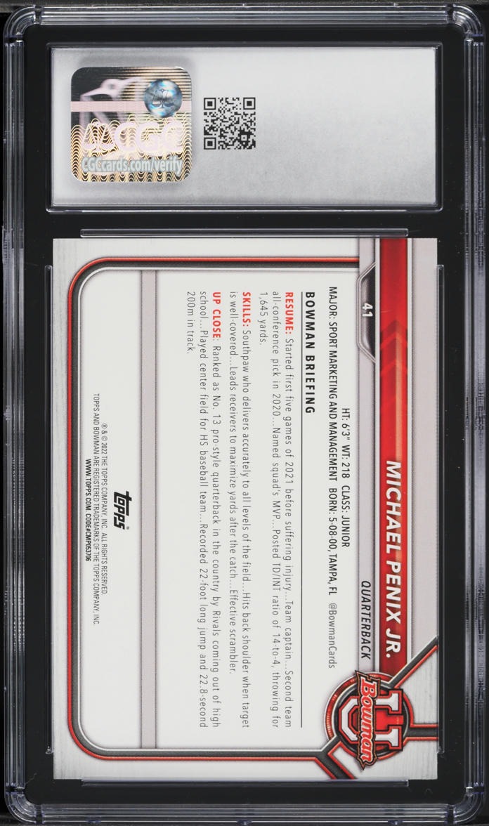 2021 Bowman University Michael Penix Jr. ROOKIE #41 CGC 9 MINT