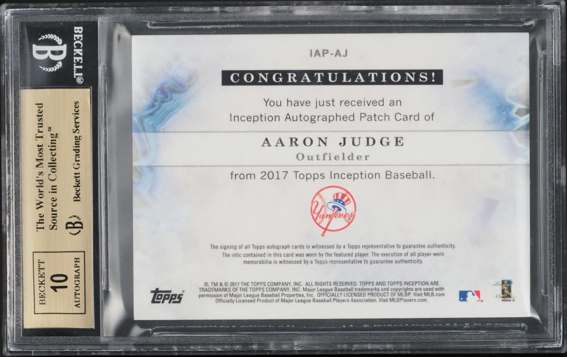 2017 Topps Inception Aaron Judge ROOKIE PATCH AUTO /199 #IAP-AJ BGS 9.5 GEM MINT