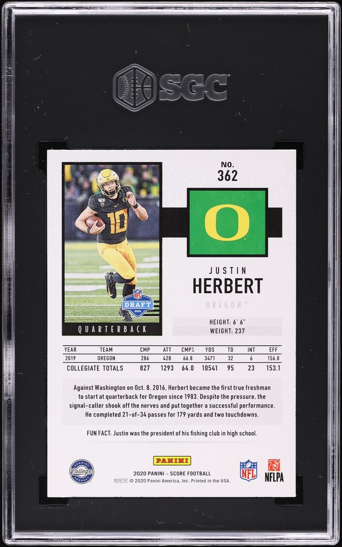 2020 Score Football Justin Herbert ROOKIE #362 SGC 10 GEM MINT