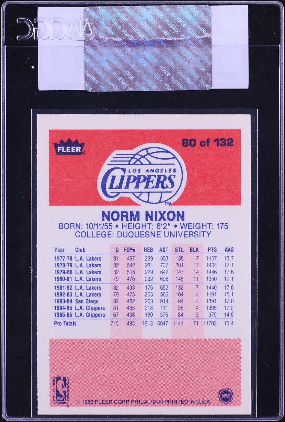 1986 Fleer Basketball Norm Nixon #80 CGC AUTH