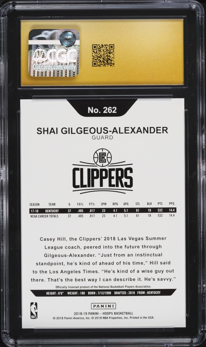 2018 Hoops Shai Gilgeous-Alexander ROOKIE #262 CGC 10 PRISTINE