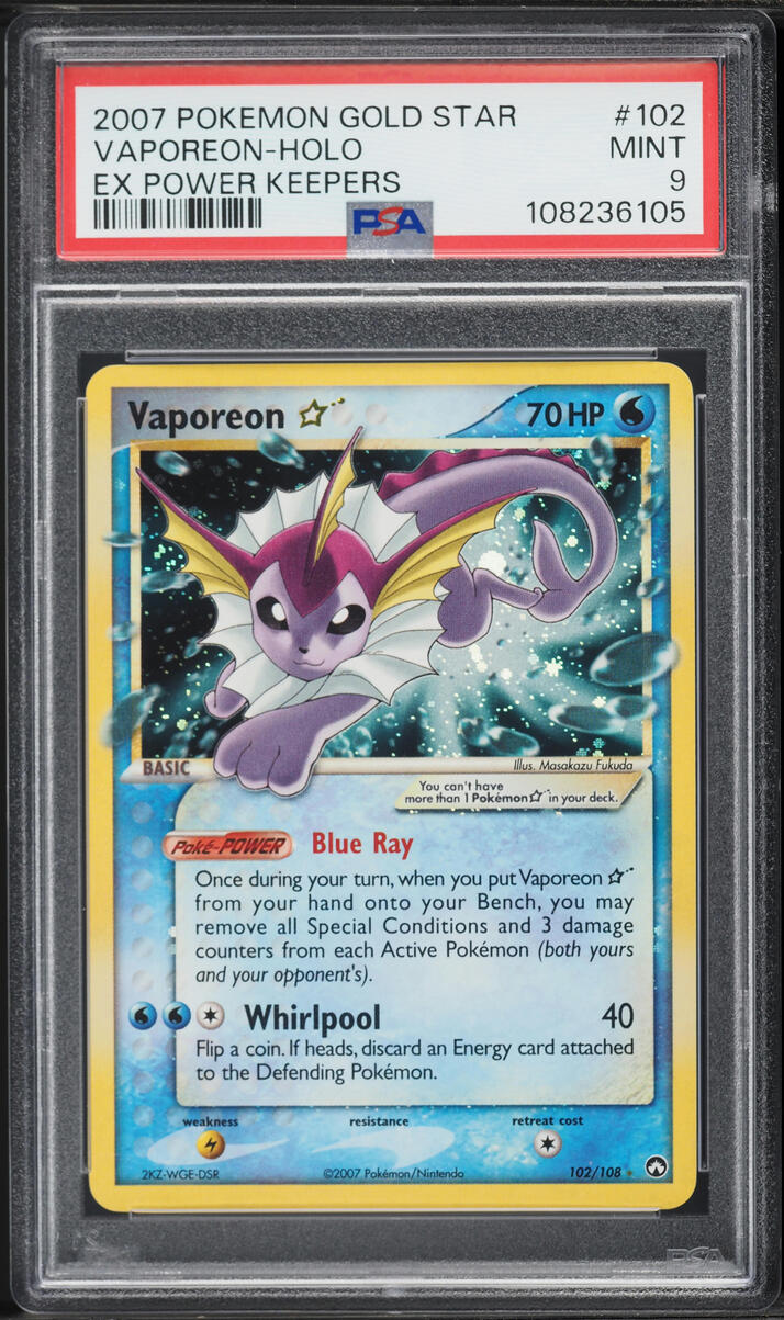 2007 Pokemon EX Power Keepers Holo Vaporeon Gold Star #102 PSA 9 MINT