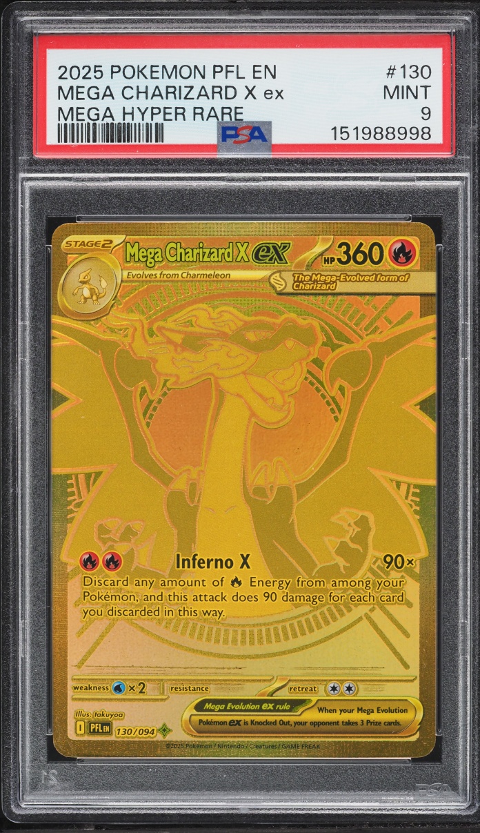 2025 Pokemon Mega Evolution Phantasmal Flames Gold Rare Mega Charizard X ex #130 PSA 9 MINT
