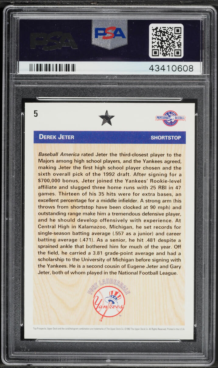 1992 Upper Deck Minor League Derek Jeter ROOKIE #5 PSA 8 NM-MT