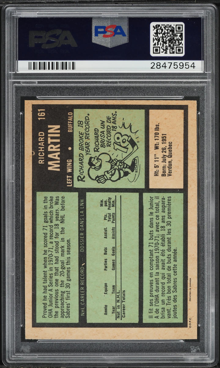 1971 O-Pee-Chee Hockey Rick Martin ROOKIE #161 PSA 5 EX