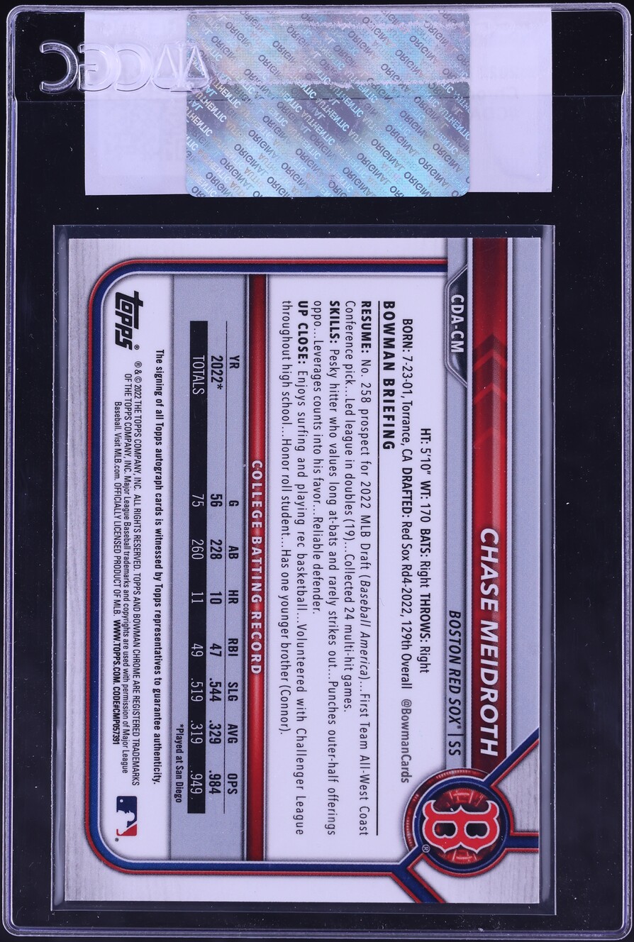 2022 Bowman Chrome Draft Chase Meidroth PROSPECT AUTO #CDA-CM CGC AUTH
