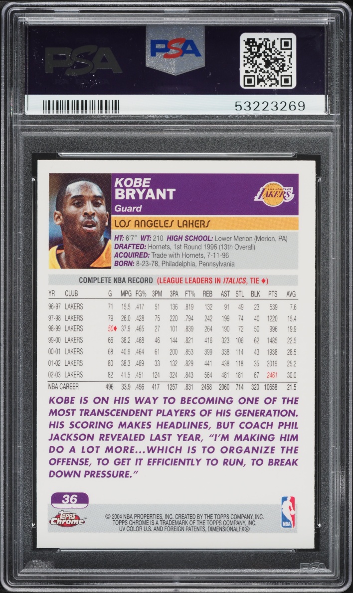 2003 Topps Chrome Kobe Bryant #36 PSA 10 GEM MINT