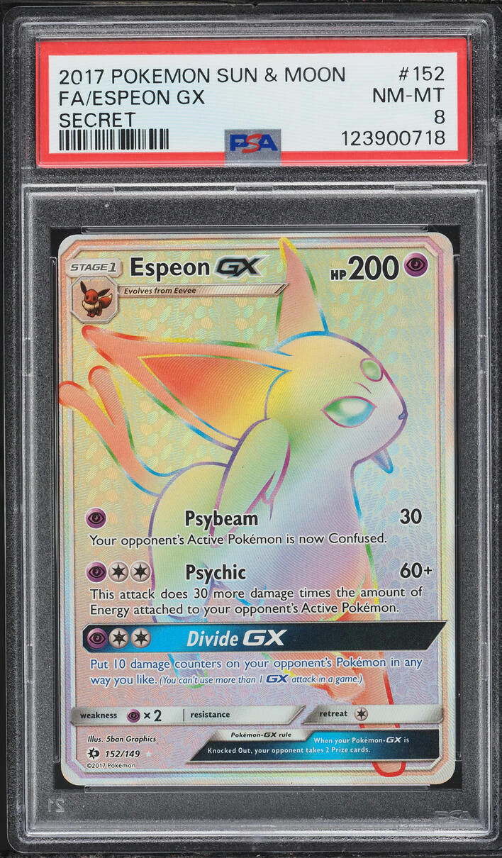 2017 Pokemon Sun & Moon Rainbow Rare Espeon GX #152 PSA 8 NM-MT