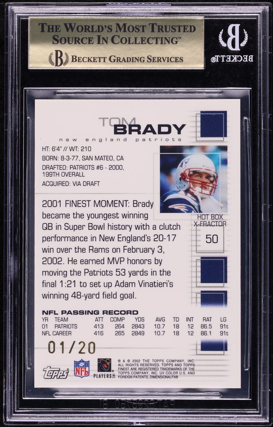 2002 Finest Xfractor Tom Brady 1/20 #50 BGS 9.5 GEM MINT