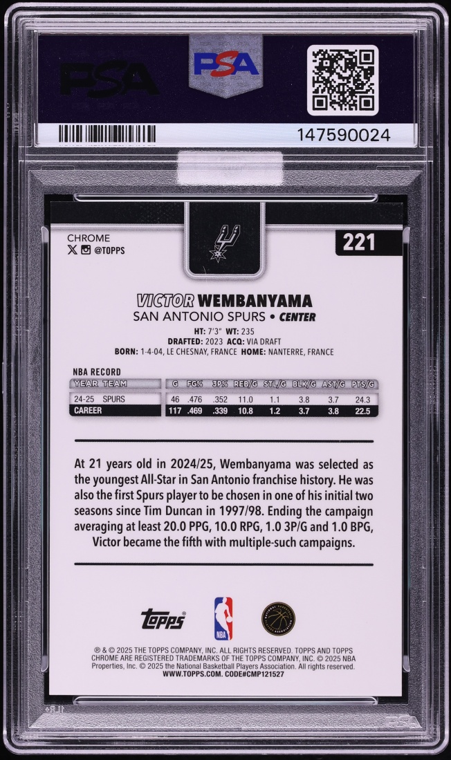 2025 Topps Chrome Black Pulsar Victor Wembanyama /10 #221 MBA PSA 10 GEM MINT