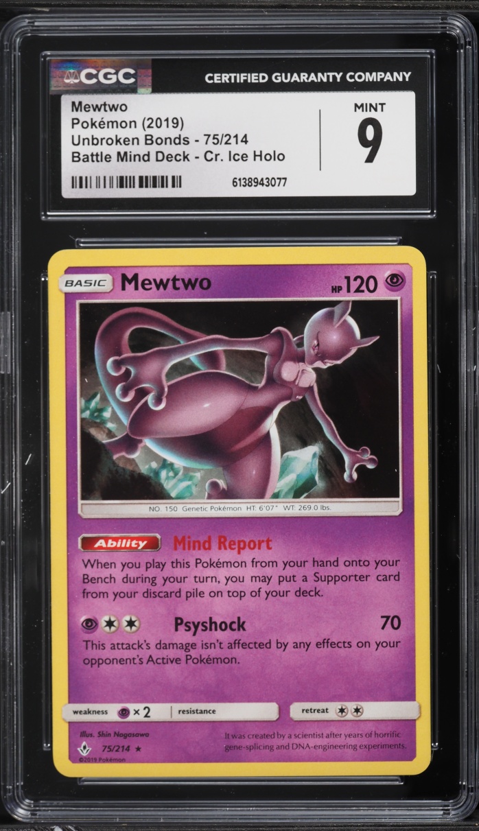 2019 Pokemon Sun & Moon Unbroken Bonds Battle Mind Deck Cr. Ice Holo Mewtwo #75 CGC 9 MINT