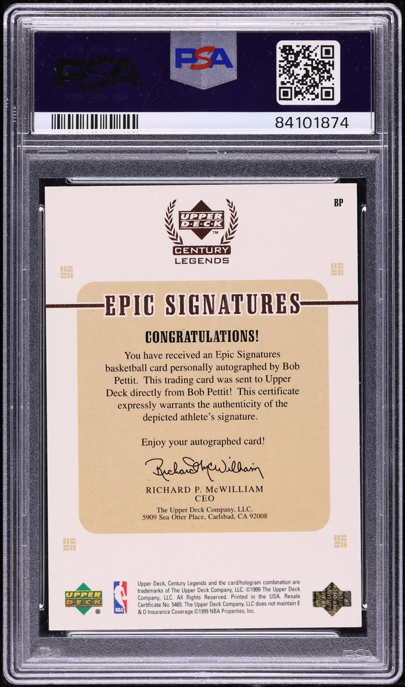 1999 Upper Deck Century Legends Epic Century Bob Pettit AUTO /100 PSA 8 NM-MT