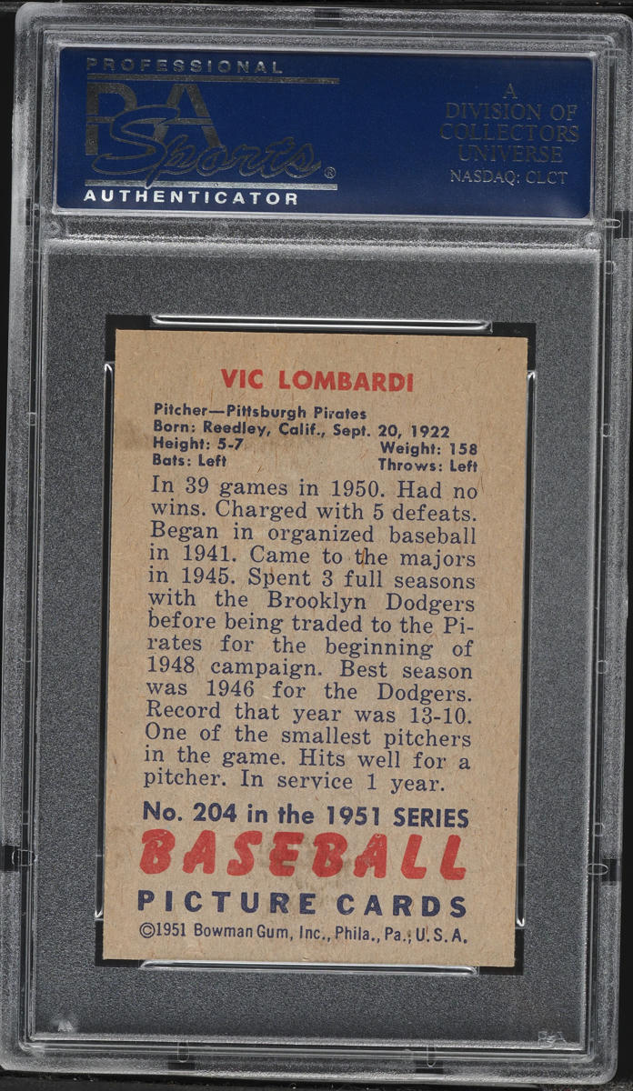 1951 Bowman Vic Lombardi #204 PSA 7 NRMT