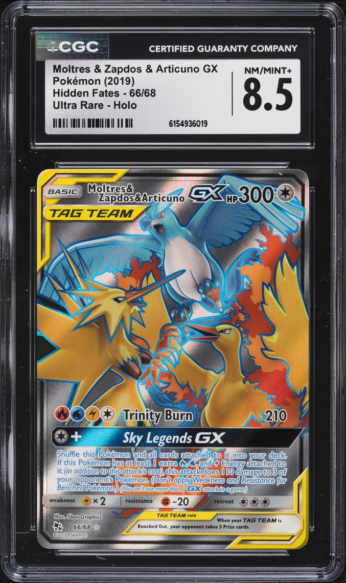 2019 Pokemon Sun & Moon Hidden Fates Full Art Moltres & Zapdos & Articuno GX #66 CGC 8.5 NM-MT+