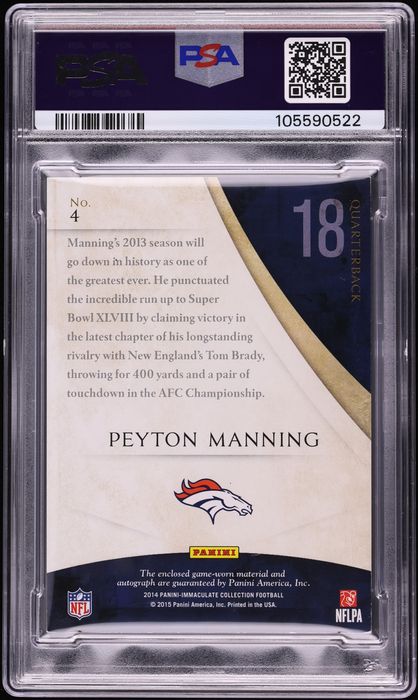 2014 Immaculate Collection Peyton Manning NFL SHIELD PATCH AUTO DNA 10 1/1 #4 PSA AUTH