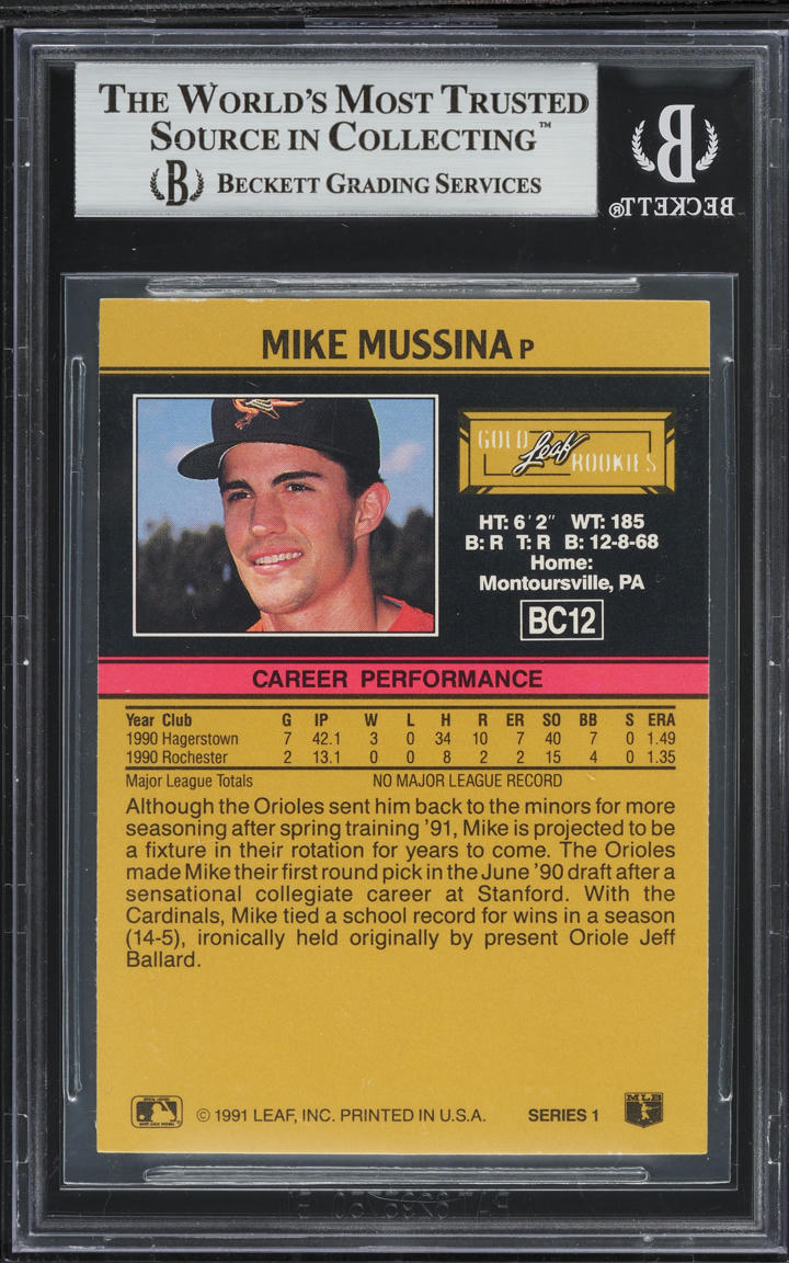 1991 Leaf Gold Mike Mussina ROOKIE AUTO #BC12 BAS BGS AUTH