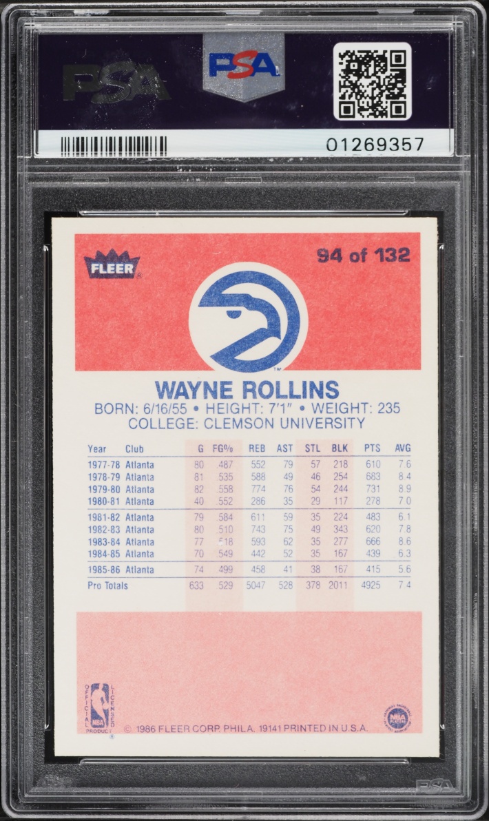 1986 Fleer Basketball Wayne Rollins #94 PSA 9 MINT