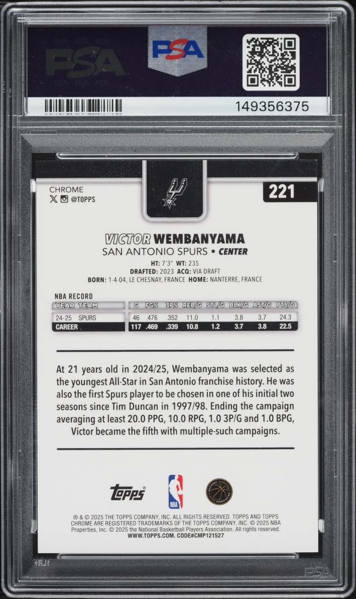 2025 Topps Chrome Black Pulsar Victor Wembanyama /10 #221 PSA 8 NM-MT