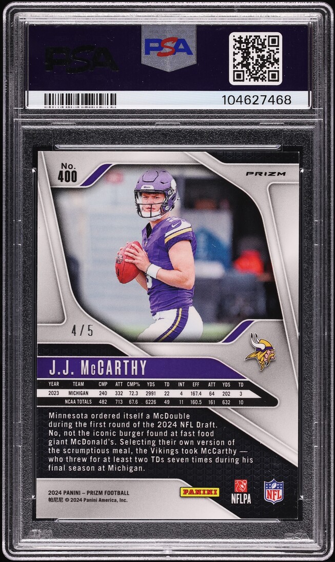 2024 Panini Prizm Gold Vinyl J.J. McCarthy ROOKIE /5 #400 PSA 9 MINT