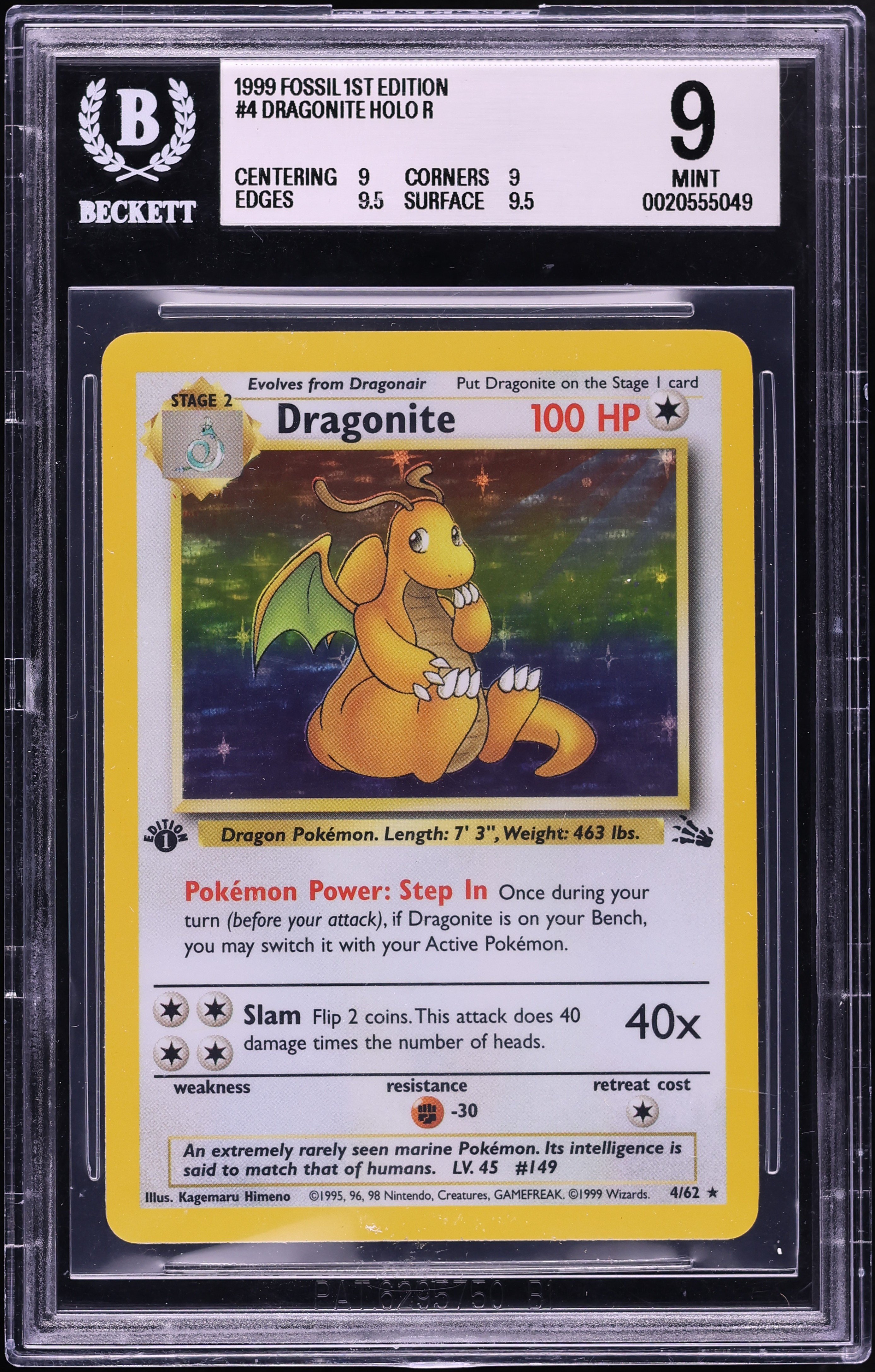 1999 Pokemon Fossil 1st Edition Holo Dragonite #4 BGS 9 MINT