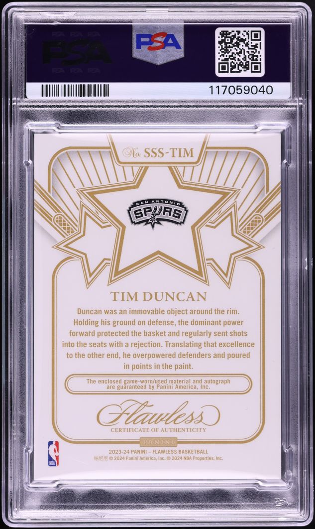 2023 Panini Flawless Star Swatch Emerald Tim Duncan PATCH AUTO /5 #SSS-TIM PSA 10 GEM MINT