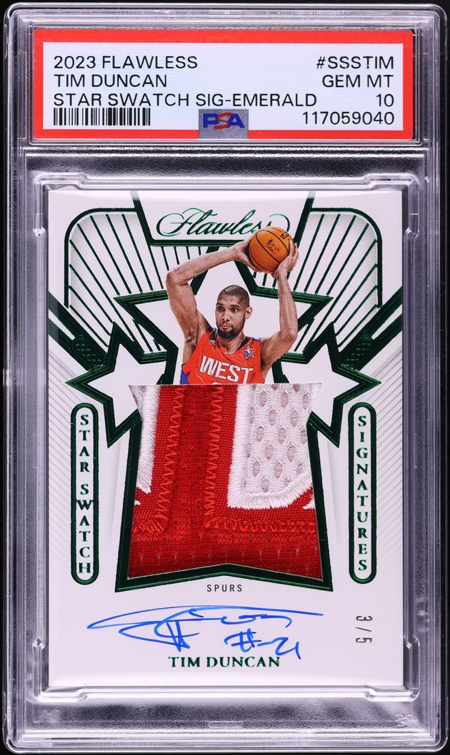 2023 Panini Flawless Star Swatch Emerald Tim Duncan PATCH AUTO /5 #SSS-TIM PSA 10 GEM MINT