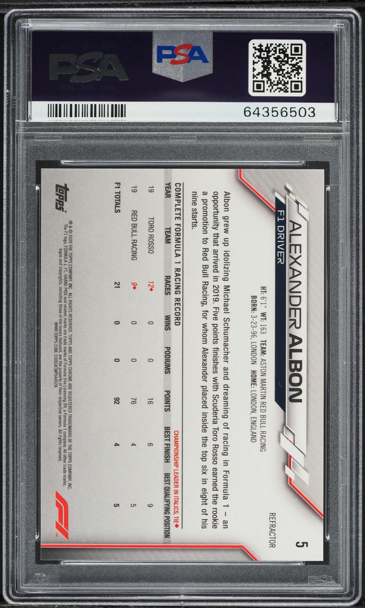 2020 Topps Chrome F1 Refractor Alexander Albon ROOKIE #5 PSA 10 GEM MINT