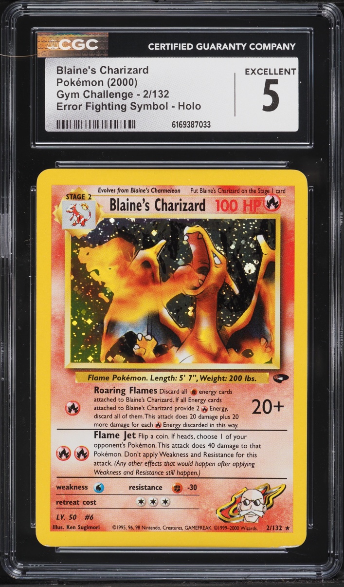 2000 Pokemon Gym Challenge Fighting Symbol Error Holo Blaine's Charizard #2 CGC 5 EX