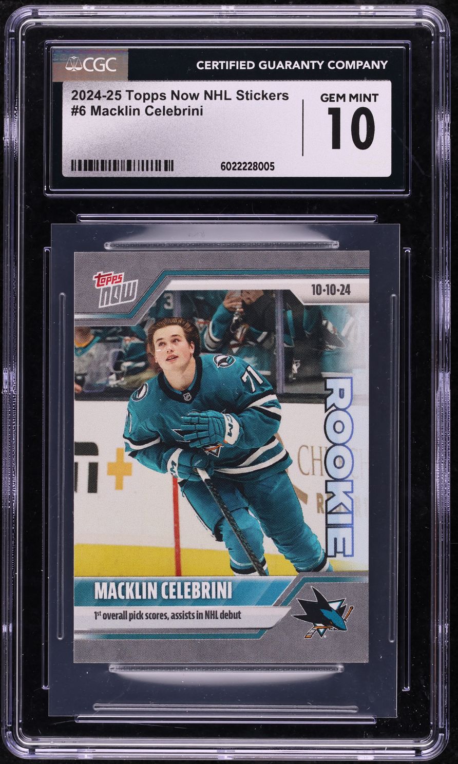 thumbnail image 2 of 2024 Macklin Celebrini Topps Now #6 – 1st Pro Card Ever, PGI 10 Graded Rookie Sticker, San Jose Sharks 2 of 4