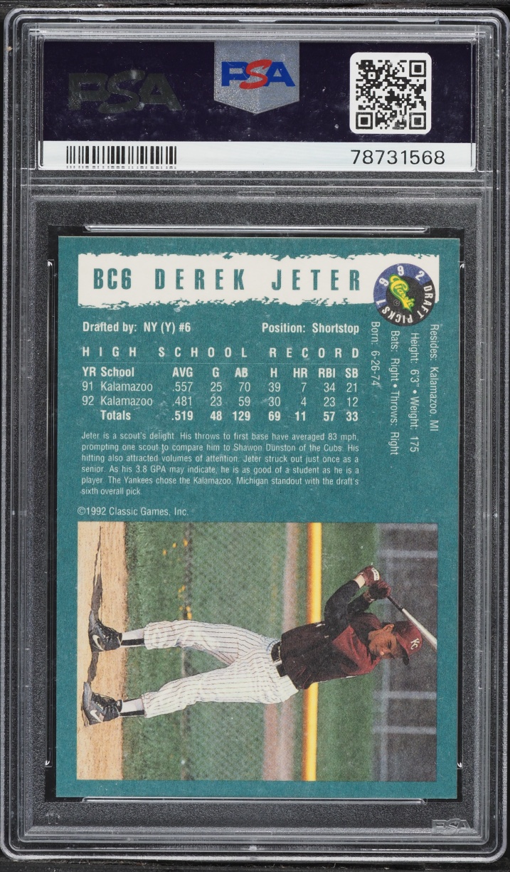1992 Classic Draft Pick Foil Bonus Derek Jeter ROOKIE #BC6 PSA 8 NM-MT