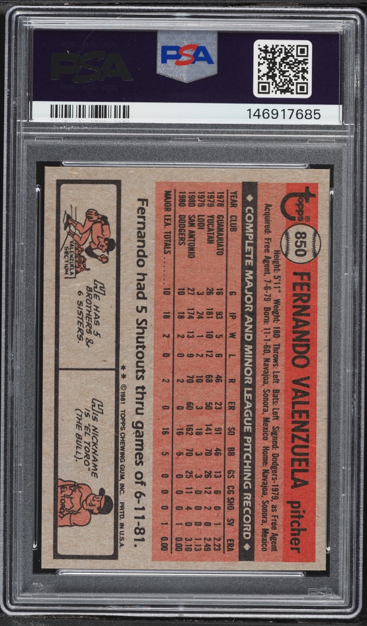 1981 Topps Traded Fernando Valenzuela ROOKIE #850 PSA 9 MINT