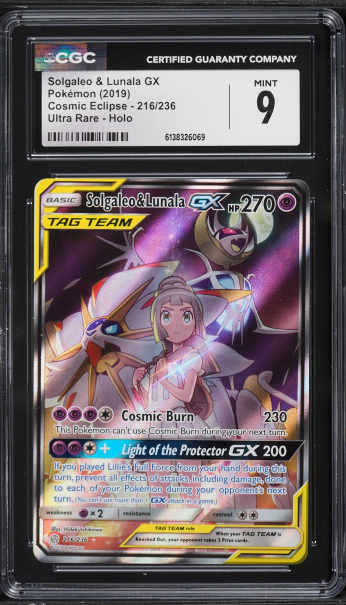 2019 Pokemon Sun & Moon Cosmic Eclipse Alt Art Solgaleo & Lunala GX #216 CGC 9 MINT