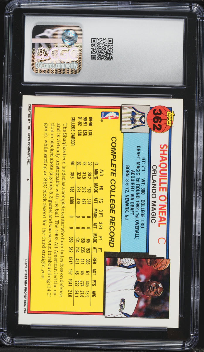 1992 Topps Basketball Shaquille O'Neal ROOKIE #362 CGC 8.5 NM-MT+