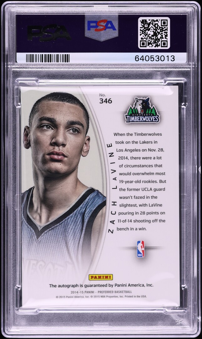 2014 Panini Preferred Gold Zach Lavine ROOKIE AUTO /10 #346 PSA 9 MINT - Photo 2