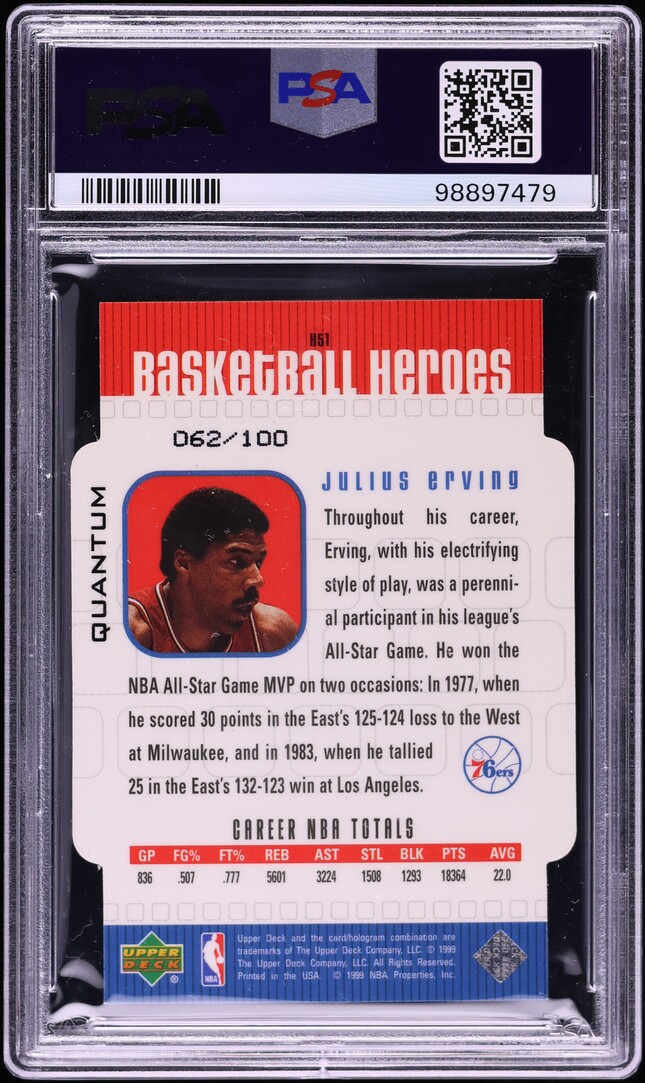 1999 Upper Deck Erving Heroes Level 1 Die-Cut Julius Erving /100 #H51 PSA 9 MINT - Photo 2