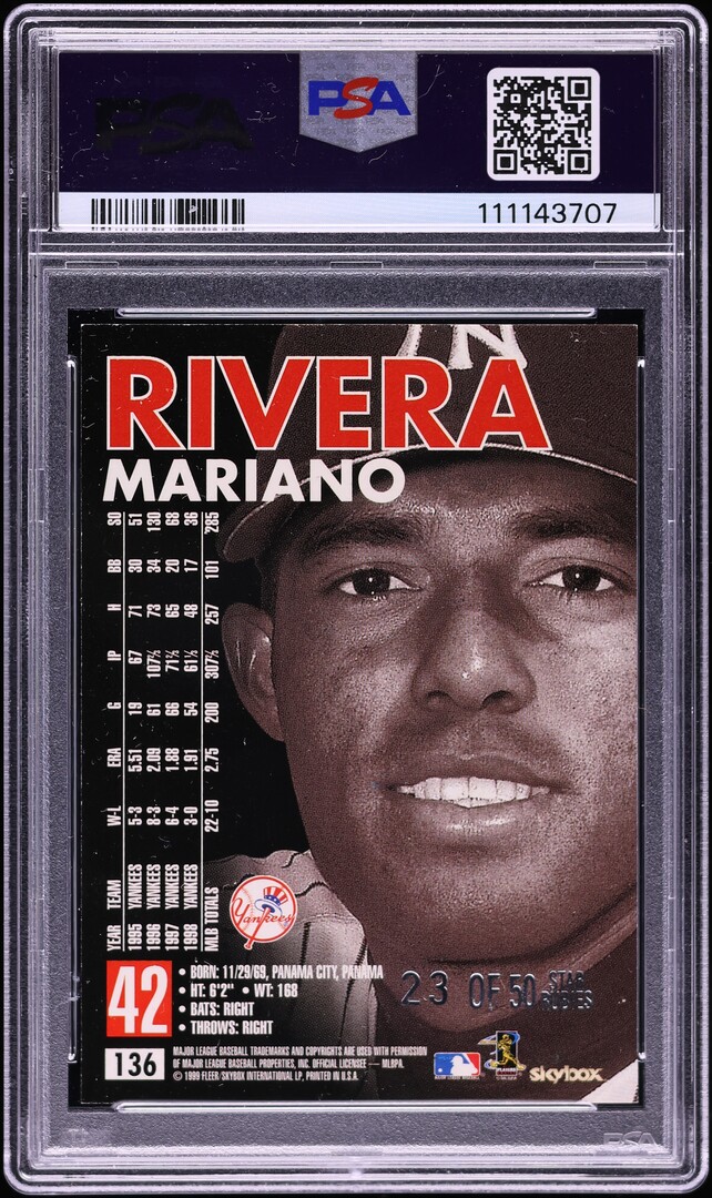 1999 Skybox Premium Star Rubies Mariano Rivera /50 #136 PSA 7 NRMT - Photo 2