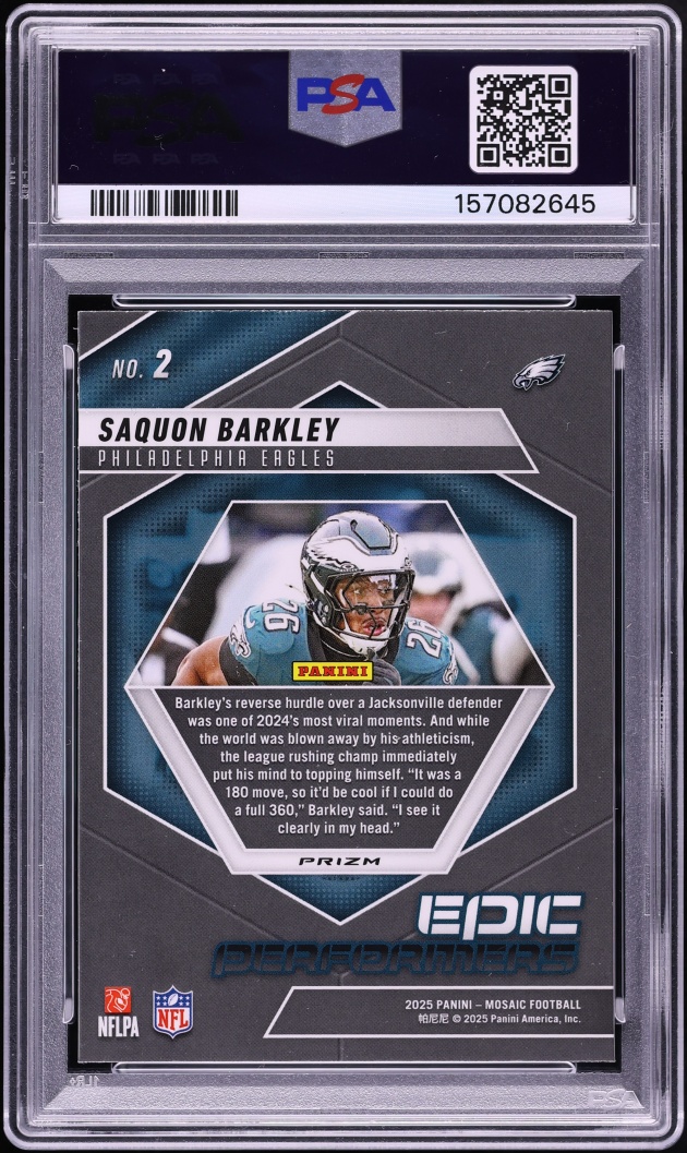 2025 Panini Mosaic Epic Performers Green Prizm Saquon Barkley #2 PSA 9 MINT