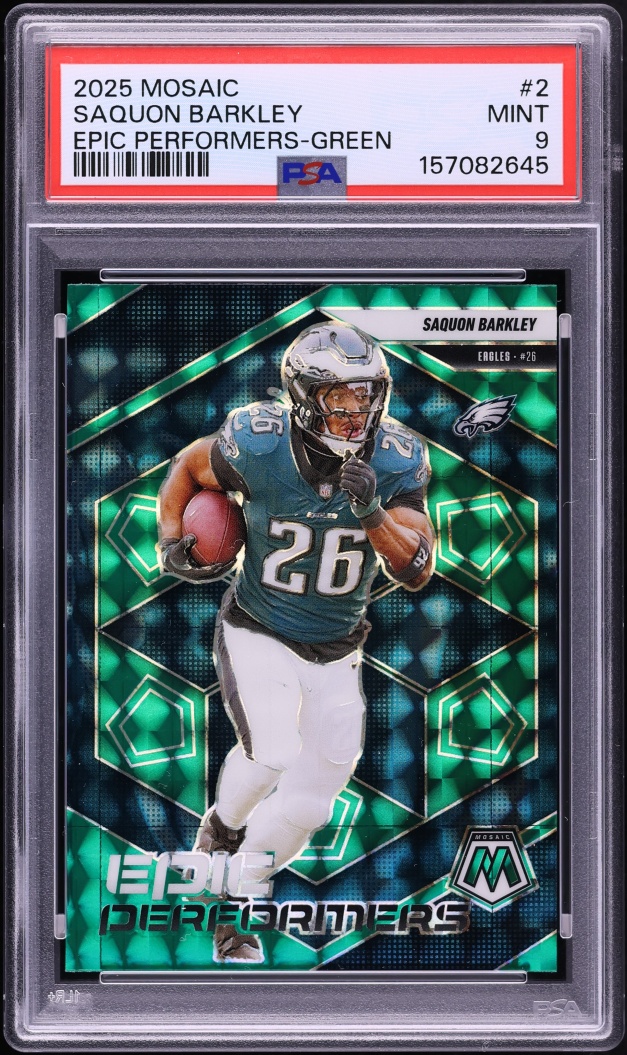 2025 Panini Mosaic Epic Performers Green Prizm Saquon Barkley #2 PSA 9 MINT