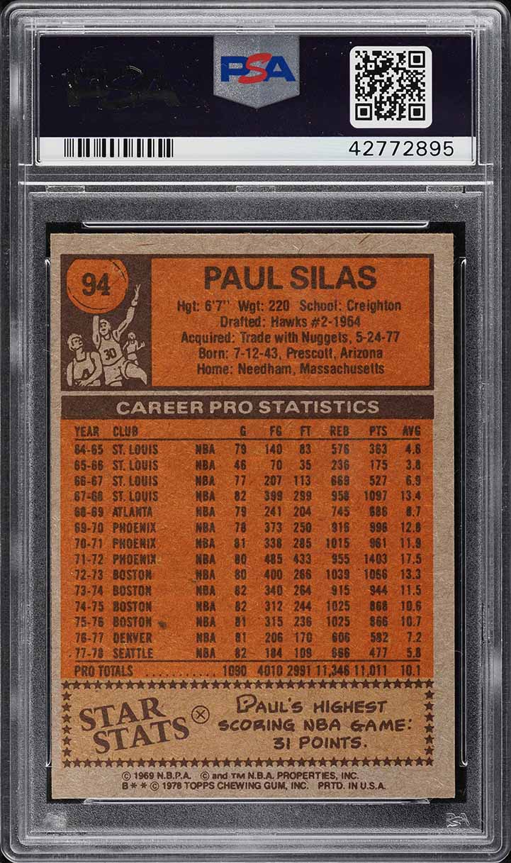 1978 Topps Basketball Paul Silas #94 PSA 10 GEM MINT