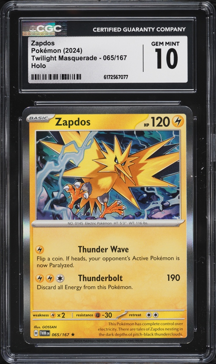 2024 Pokemon Scarlet & Violet Twilight Masquerade Holo Zapdos #065 CGC 10 GEM MINT