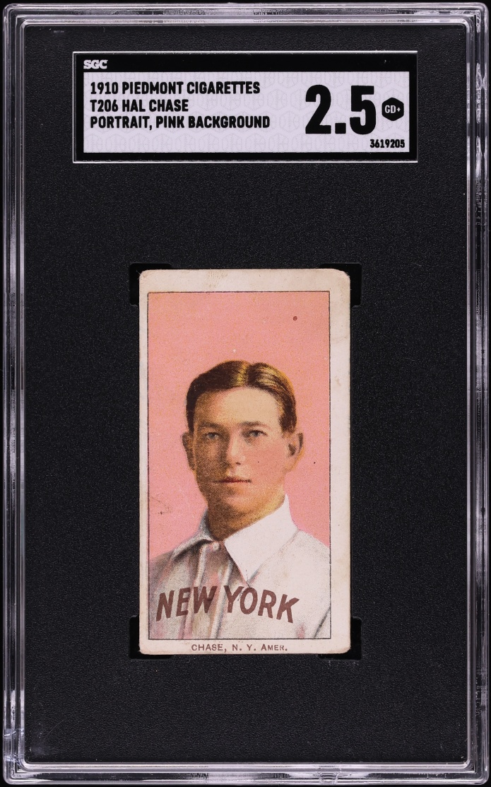 1909-11 T206 Hal Chase PORTRAIT, PINK BACKGROUND, PIEDMONT SGC 2.5 GD+