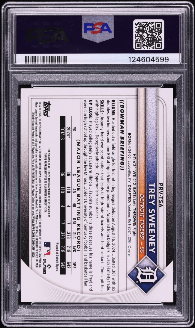 2025 Bowman Rookies & Veterans Blue Trey Sweeney ROOKIE AUTO /150 #PRV-TSA PSA 10 GEM MINT