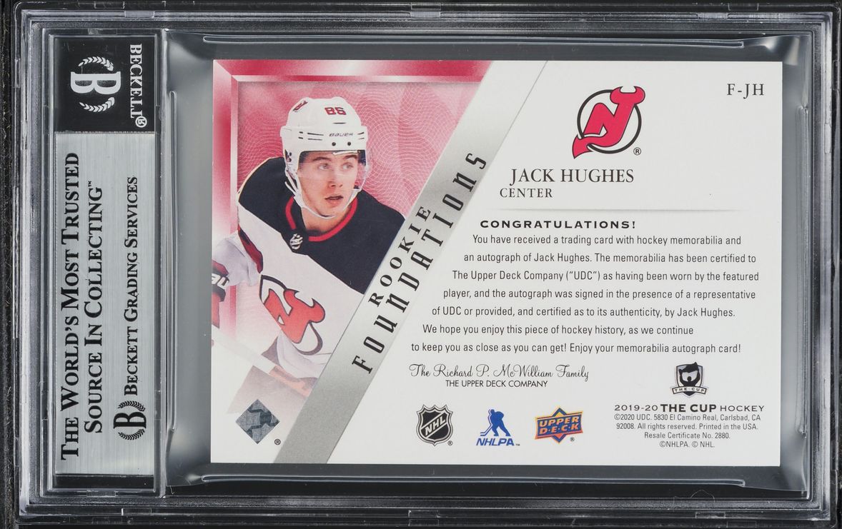 2019 The Cup Foundations Jack Hughes ROOKIE PATCH AUTO /5 #F-JH BGS 8.5 NM-MT+