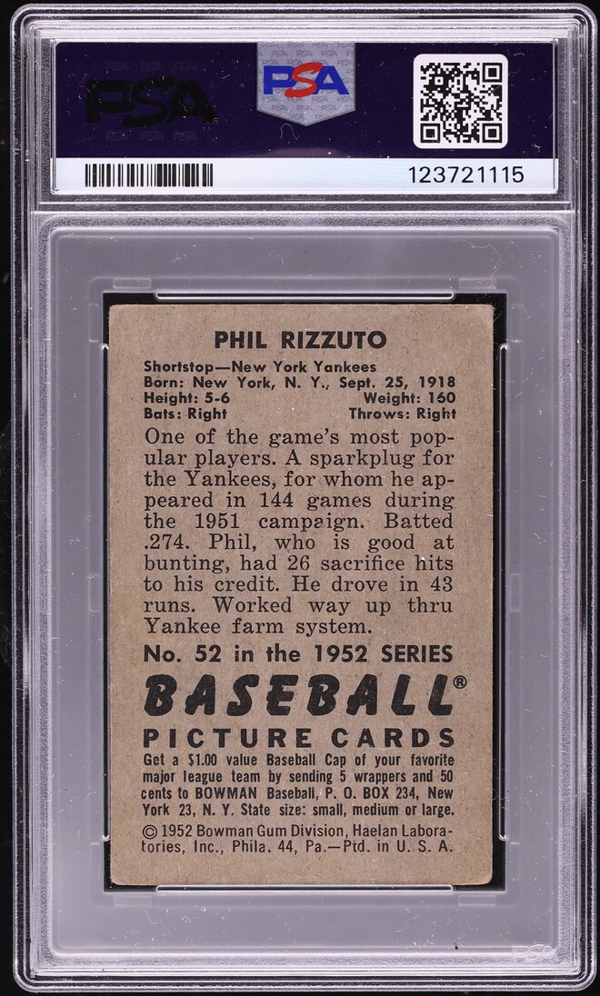 1952 Bowman Phil Rizzuto #52 PSA 2 GD