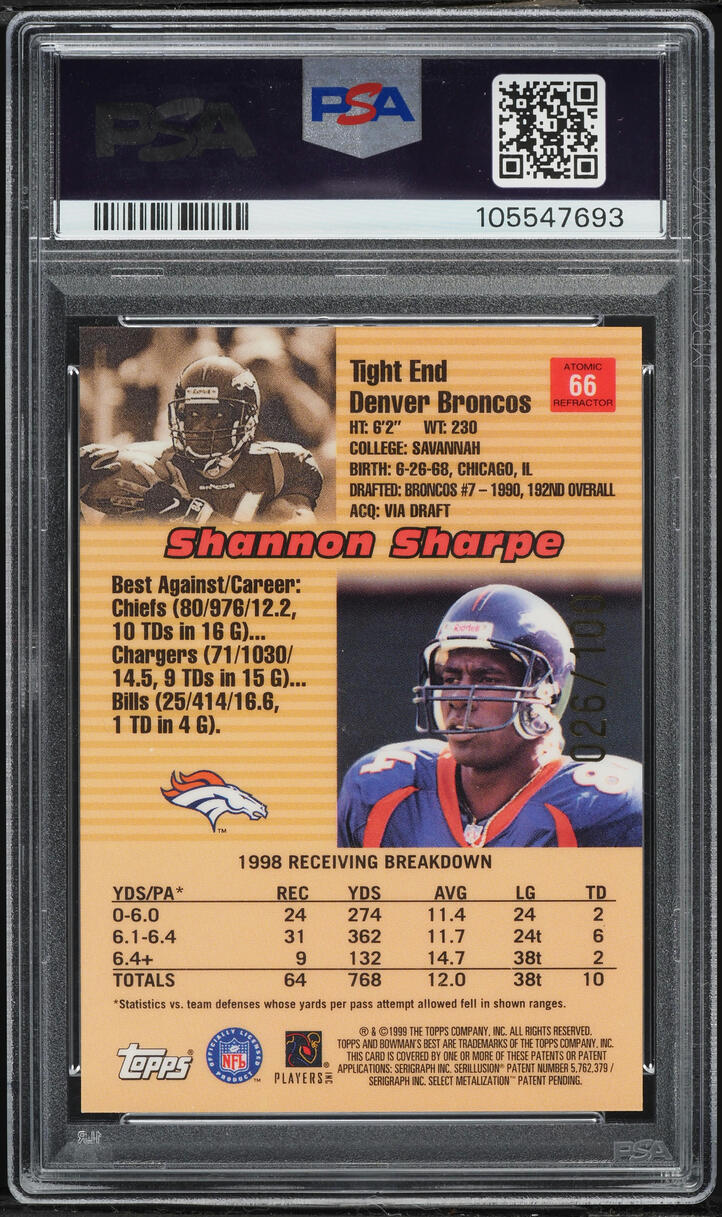 1999 Bowman's Best Atomic Refractor Shannon Sharpe /100 #66 PSA 10 GEM MINT