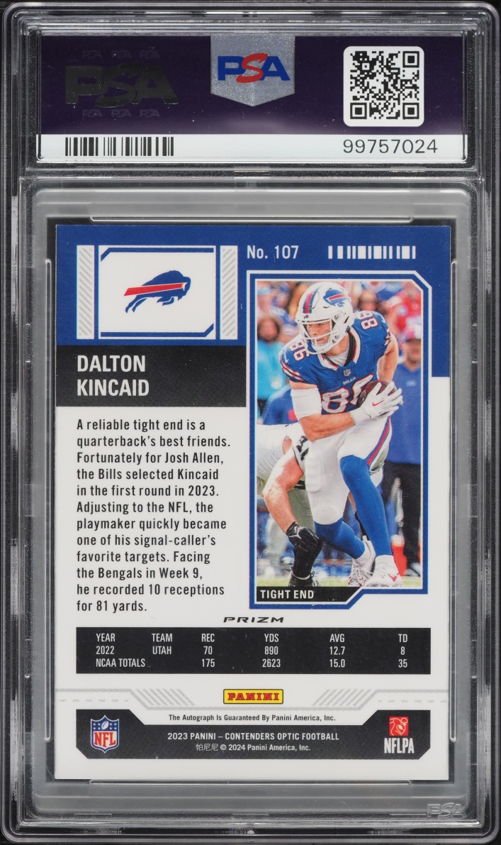 2023 Panini Contenders Optic Silver Dalton Kincaid ROOKIE AUTO #107 PSA 10 GEM