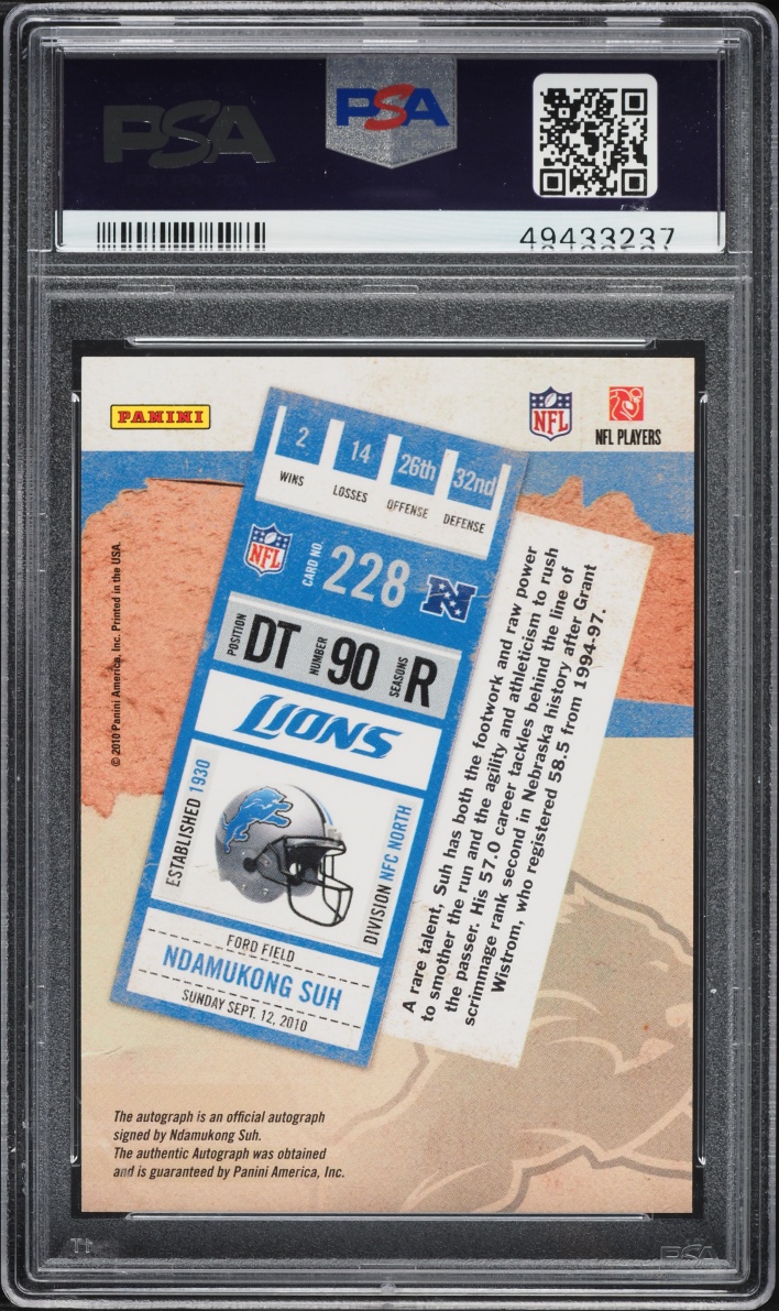 2010 Playoff Contenders Blue Ndamukong Suh ROOKIE AUTO #228 PSA 10 GEM MINT
