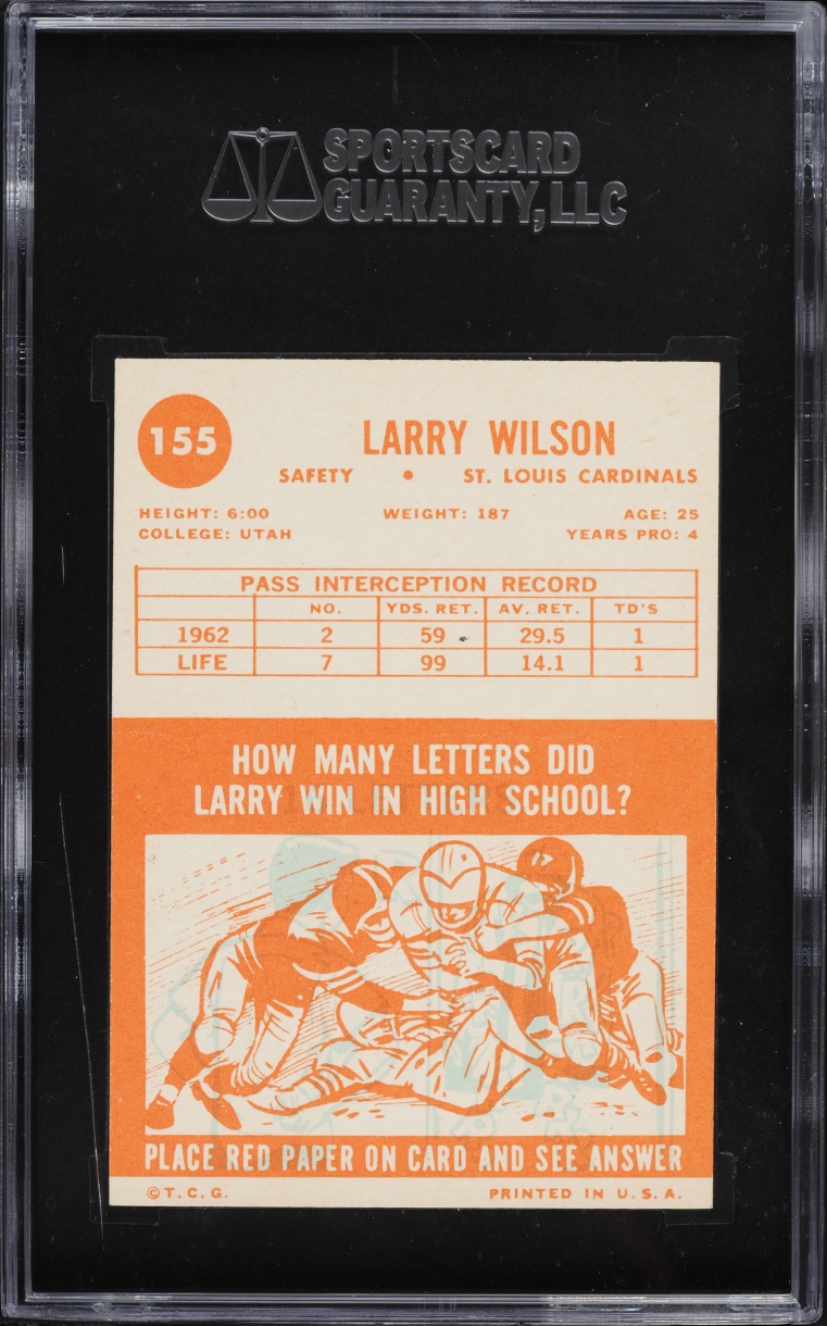 1963 Topps Football Larry Wilson ROOKIE #155 SGC 8 NM-MT