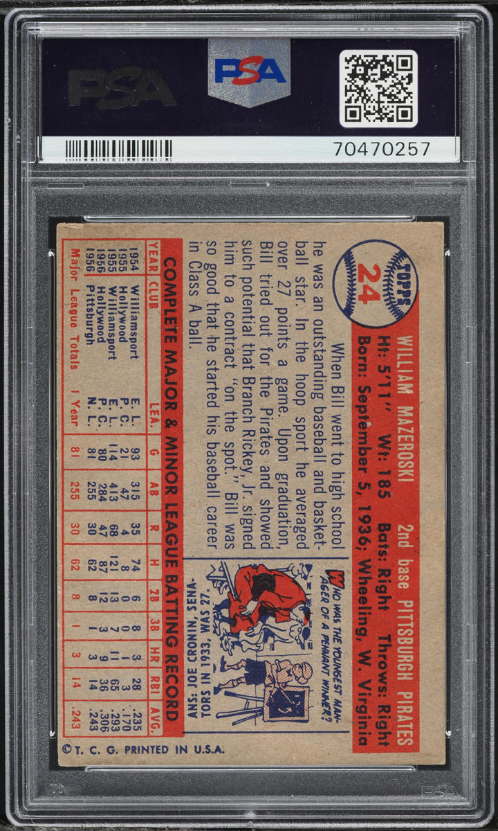 1957 Topps Bill Mazeroski ROOKIE AUTO DNA 10 #24 PSA 4 VGEX