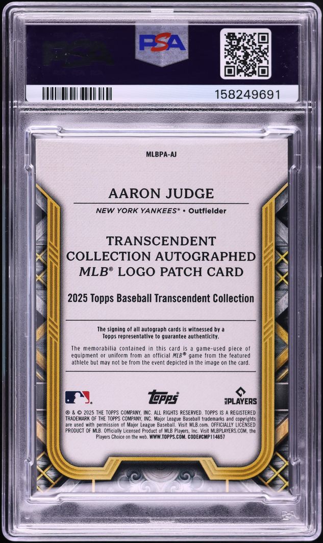 2025 Topps Transcendent Collection Aaron Judge MLB LOGOMAN PATCH AUTO DNA 10 1/1 #AJ PSA 10 GEM